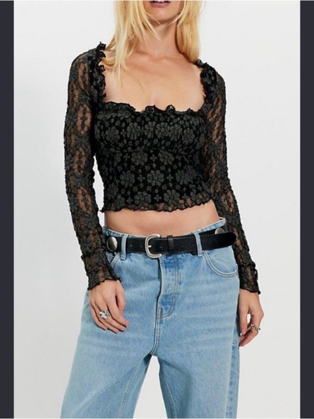 Free People Black Floral Lace Square-Neck Long Sleeve Top